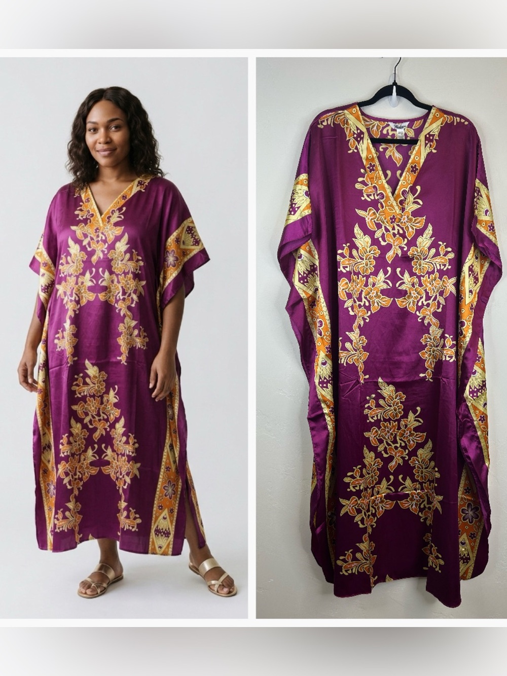 Satin Floral Kaftan Queen Goddess Boho Hippie Beachy Royal Travel Resort Maxi